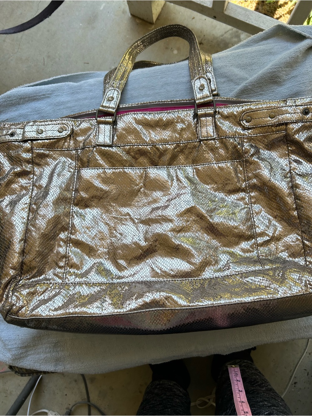 Metallic Silver Tote Bag with Zip Closure